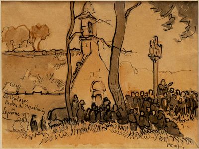 dessin d'un groupe de personnes devant un bâtiment