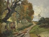 an oil painting of a country road with a house in the distance
