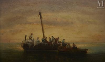 an image of a painting of people on a boat in the water