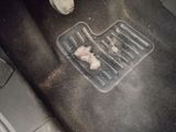 a car floor with a dirty floor mat and a car door handle