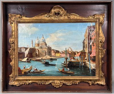 une peinture à l'huile représentant une vue de Venise avec une gondole et des bateaux