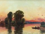 an image of a painting of two people in a boat on a lake