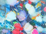 a painting of a vase of flowers on a table