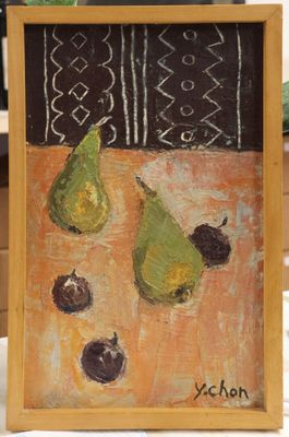 une peinture de poires et de cerises sur une table