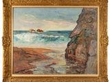 une image représentant un tableau d'une plage rocheuse avec des vagues qui déferlent