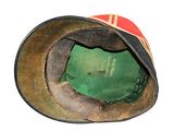 a green hat with a red stripe on it