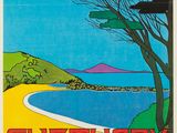 une affiche de voyage vintage représentant une plage avec des arbres et de l'eau