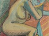 tableau représentant une femme nue assise sur une chaise, la tête entre les mains