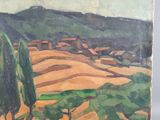 an image of a painting of a landscape with trees in the foreground
