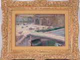 an oil painting of a bridge over a river with a building in the background
