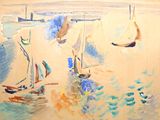 a painting of boats in the water on the beach
