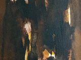 une peinture à l'huile représentant un chat assis sur une table en bois