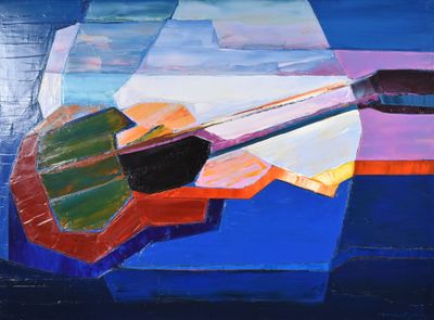 peinture représentant une guitare sur un fond bleu, avec le ciel en arrière-plan