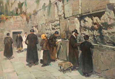 painting of a group of men standing in front of a stone wall