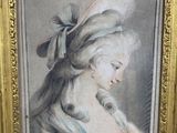 an old painting of a woman with a white hat and a blue dress