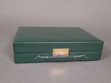 a green suitcase that is sitting on a table