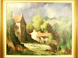 une image d'une peinture représentant une maison sur une colline