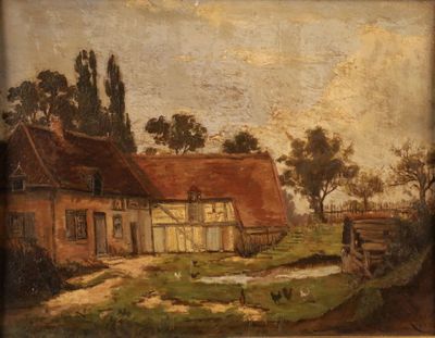 an image of a painting of a farm scene with a horse and a cart