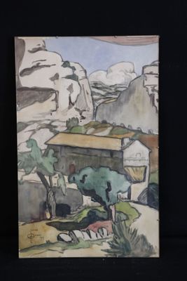 a picture of a painting of a house in the mountains