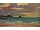une peinture à l'huile représentant un coucher de soleil sur l'océan, avec une plage au premier plan