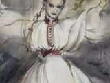 a watercolor painting of a woman in a white dress
