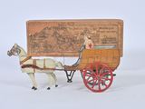 a toy horse pulling a carriage with a wooden box on the back