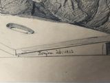 pencil drawing of a man sitting at a table with a laptop