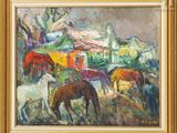 an oil painting of horses grazing in a field with a house in the background