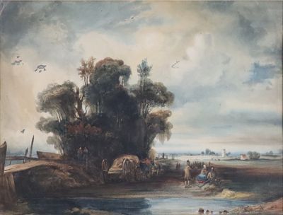 une image représentant un tableau où figurent des personnes et des animaux au bord d'une rivière