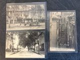 three old black and white photos of a street with a trolley