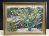 une peinture de fleurs dans un vase sur une table