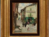 an image of a painting of a street scene in a gold frame