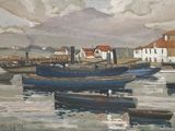 a painting of a harbor with boats in the water