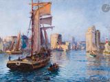 tableau représentant un voilier dans un port, avec une ville en arrière-plan