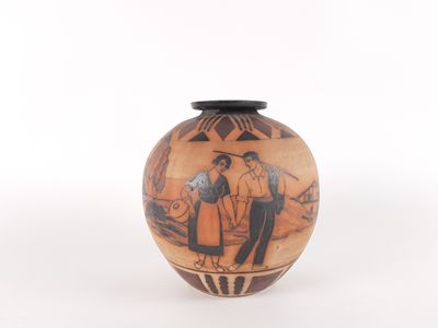 a vase with a picture of a man and a woman on it