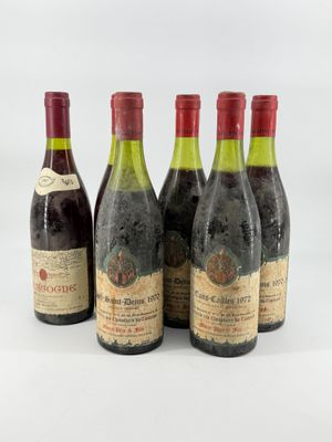 four bottles of wine are lined up on a white surface