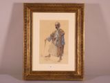painting of a man with a cane in a gold frame on a wall