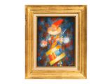 tableau représentant un clown sur un skateboard, dans un cadre doré sur fond blanc