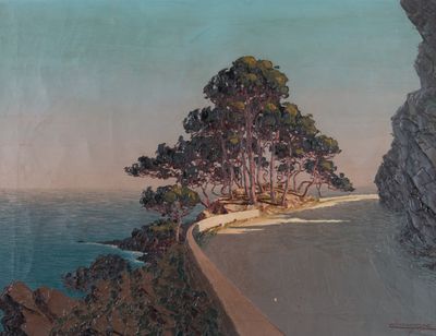 tableau représentant une vue sur l'océan depuis une falaise, avec un arbre au premier plan