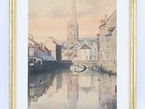 framed watercolor painting of a river scene with a church in the background