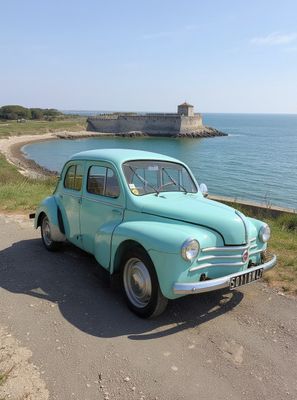 une voiture bleue garée sur le bord de la route, près de l'eau
