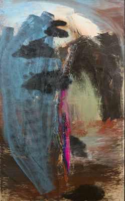une peinture abstraite représentant un homme portant un chapeau bleu et une écharpe rose