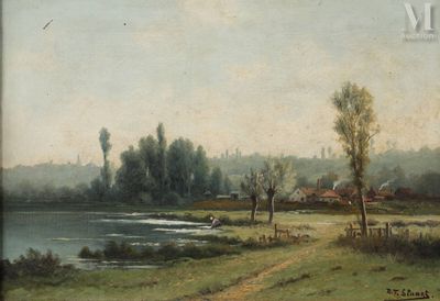 a painting of a landscape with a river in the foreground