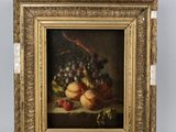 une peinture à l'huile représentant une nature morte avec des fruits sur une table