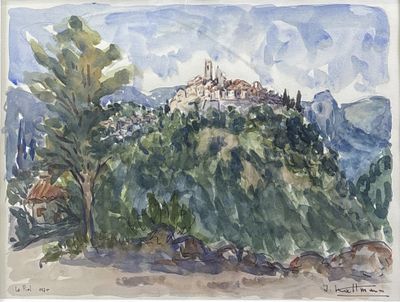 aquarelle représentant un château sur une colline, entouré d'arbres