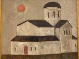 an oil painting of a church with a sun in the background