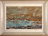 an image of a painting of a beach scene with rocks and water