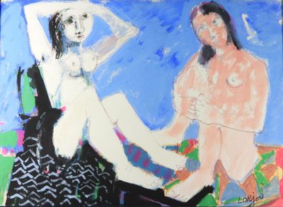 a painting of two women sitting on a bench