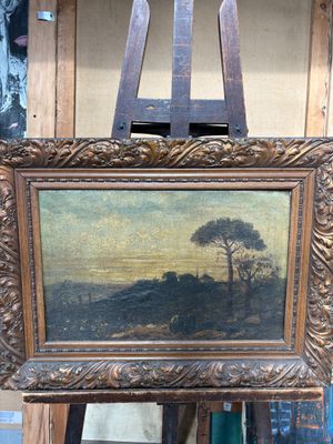 peinture sur chevalet représentant un paysage avec un arbre au loin