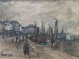 drawing of a painting of a harbor with boats and people walking on it